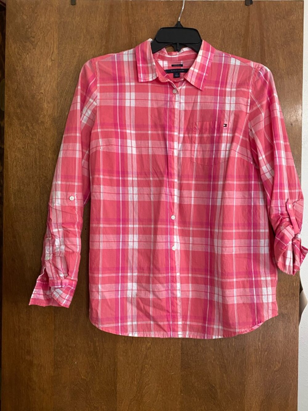 Tommy Hilfiger Women’s L Pink White Plaid Button-Up Long Sleeve Shirt Top Blouse